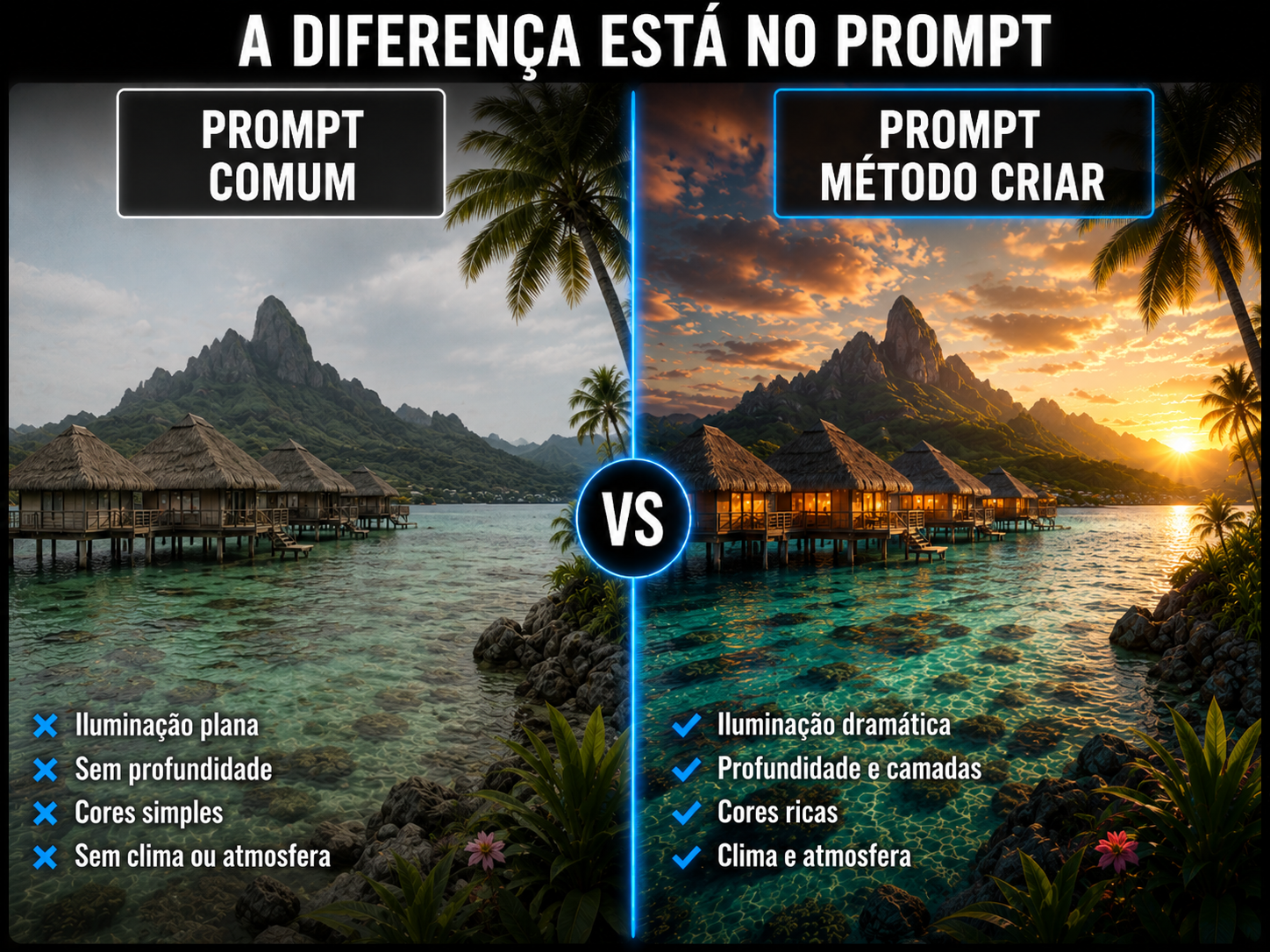Comparação: post amador vs. arte profissional feita com IA usando o método C.R.I.A.R.