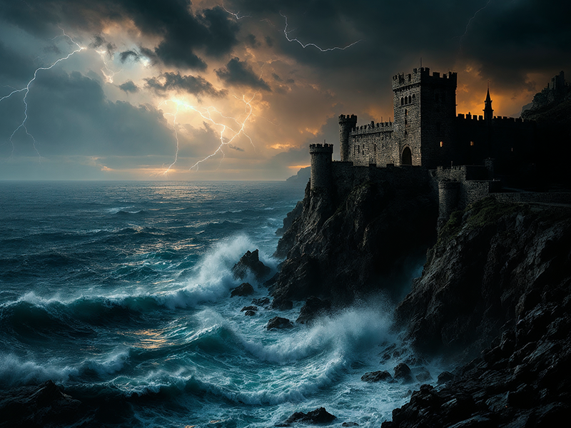 Castelo à beira-mar criado com IA